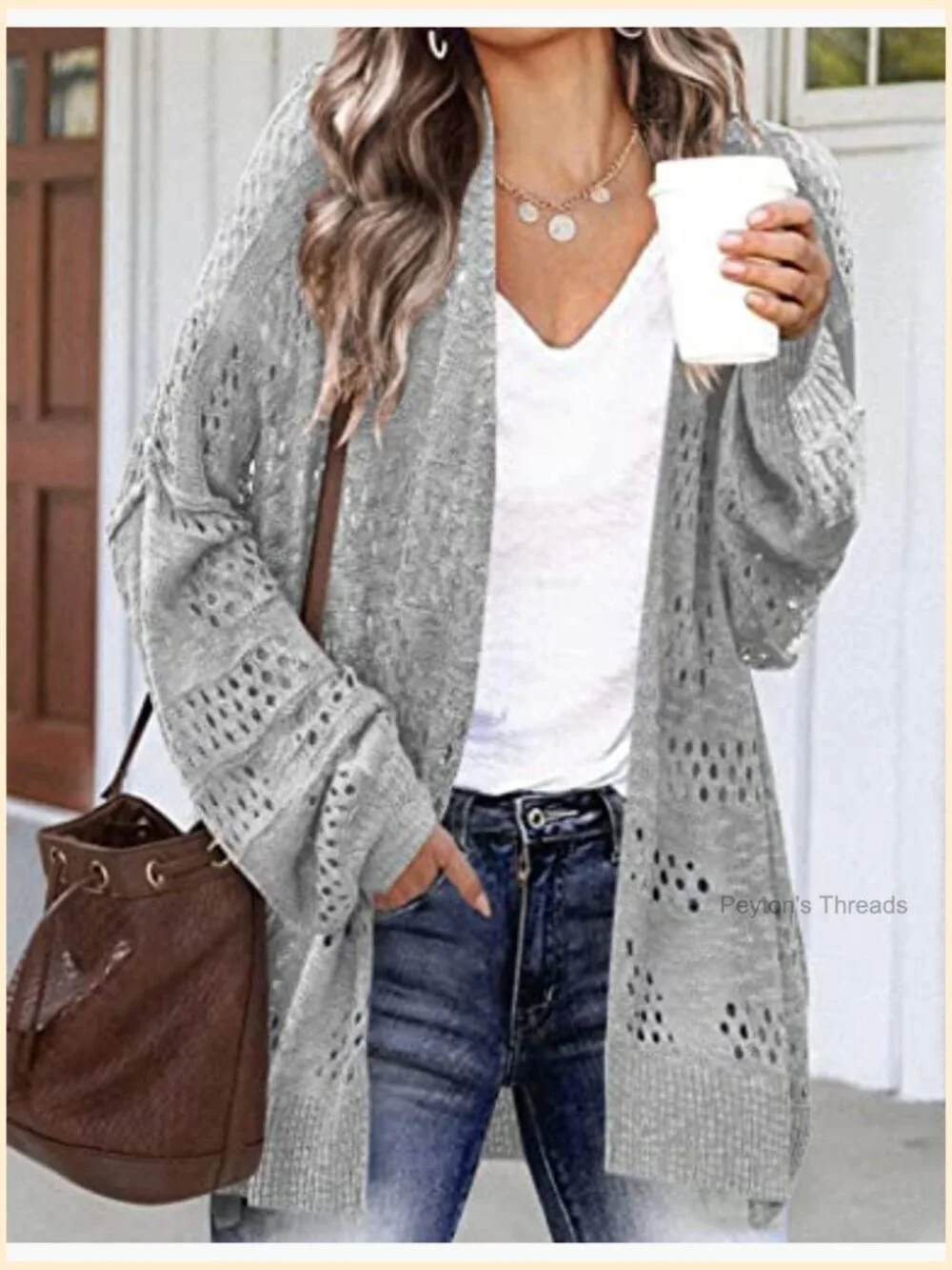 Lightweight Crochet Cardigan Long Sleeve Open Front Knit Oversized